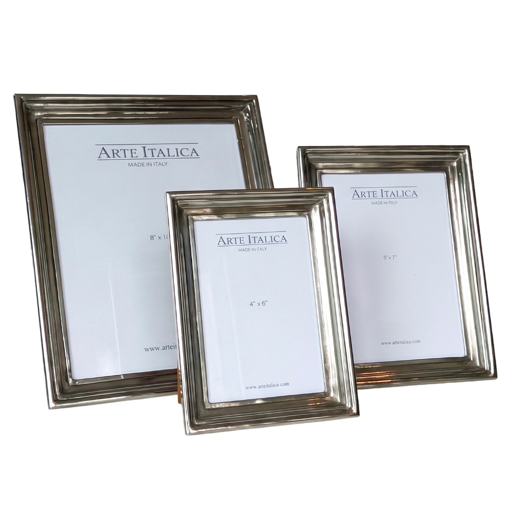Arte Italica Michelangelo Pewter rectangle picture frames in 4x6, 5x7 and 8x10 on a white background