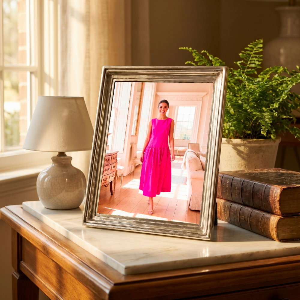 A photo of a woman in a Michelangelo pewter 8x10 picture frame on a table with books, a lamp and plant