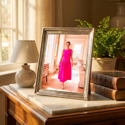 A photo of a woman in a Michelangelo pewter 8x10 picture frame on a table with books, a lamp and plant