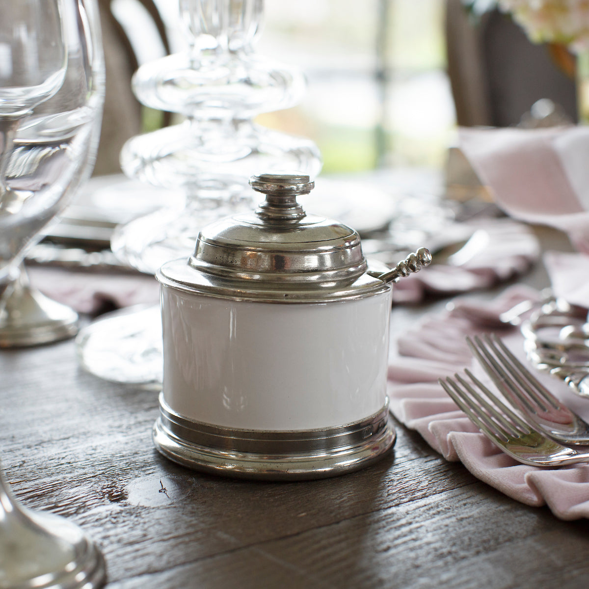 Tuscan ceramic Bowl with Pewter Lid and base close up on a table