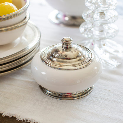 White ceramic Tuscan Keepsake Box with pewter lid sowing detail with pewter stamps