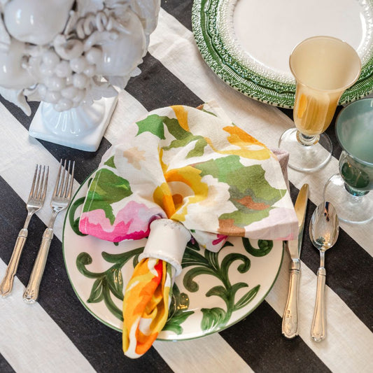 Crown Linen Portofino Summer Garden Large Linen Napkin styled with Arte Italica Al Fresco green salad plate