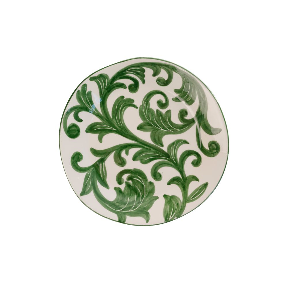 Ceramic plate with hand-painted green floral vine pattern on a white background
