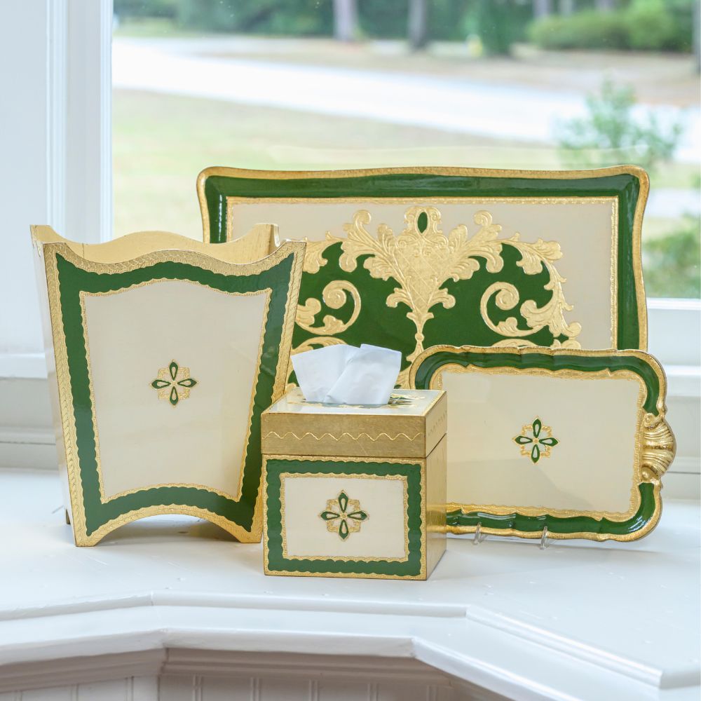 Arte Italica Florentino Wooden Baroque Collection in Green on a windowsill.