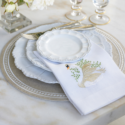 Arte Italica Bella Bianca beaded bread canape plate Italian stoneware on talbe with swan napkin and perla placemat