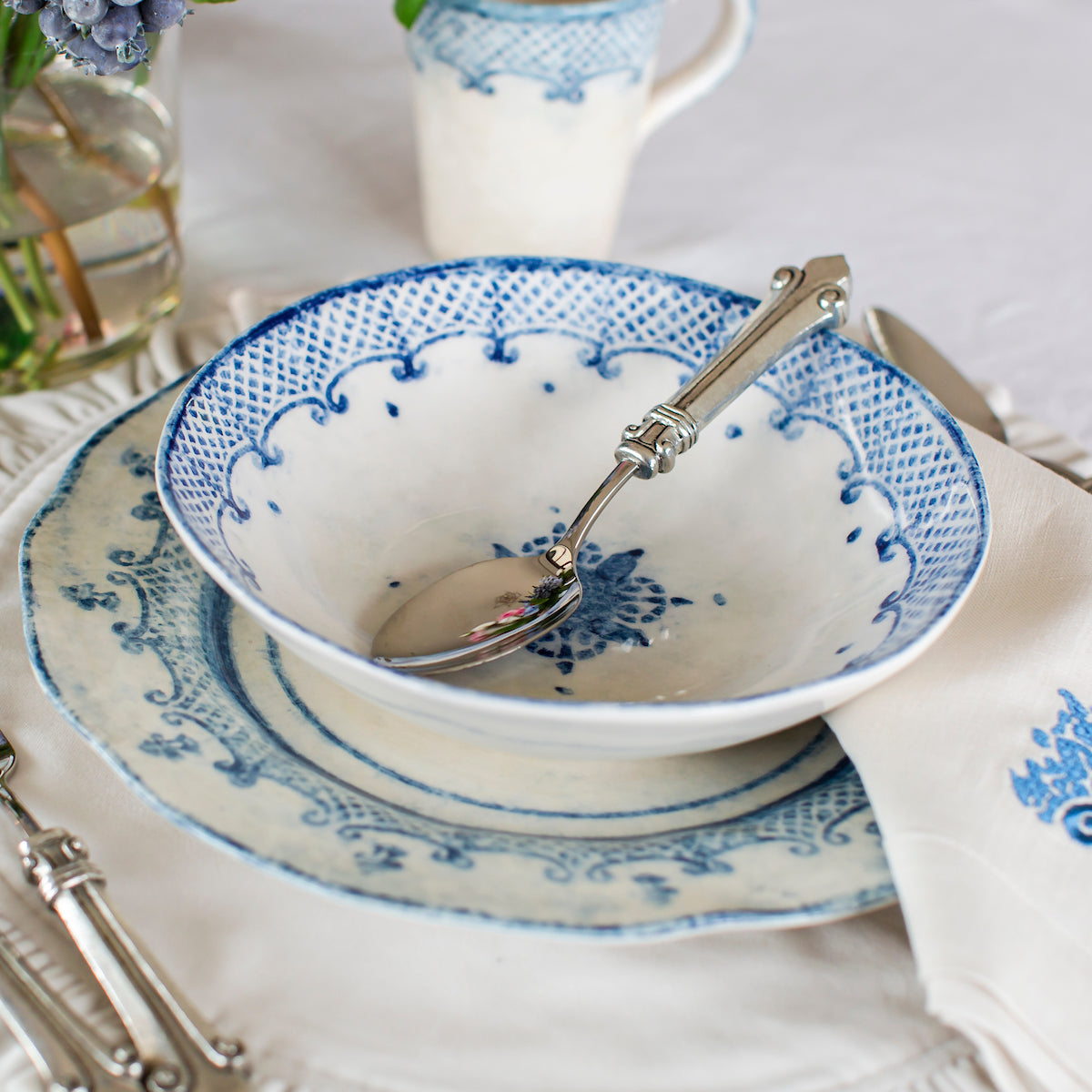 Arte Italica Burano pasta and soup bowl blue ceramic Italian hand painted dinnerware with spoon