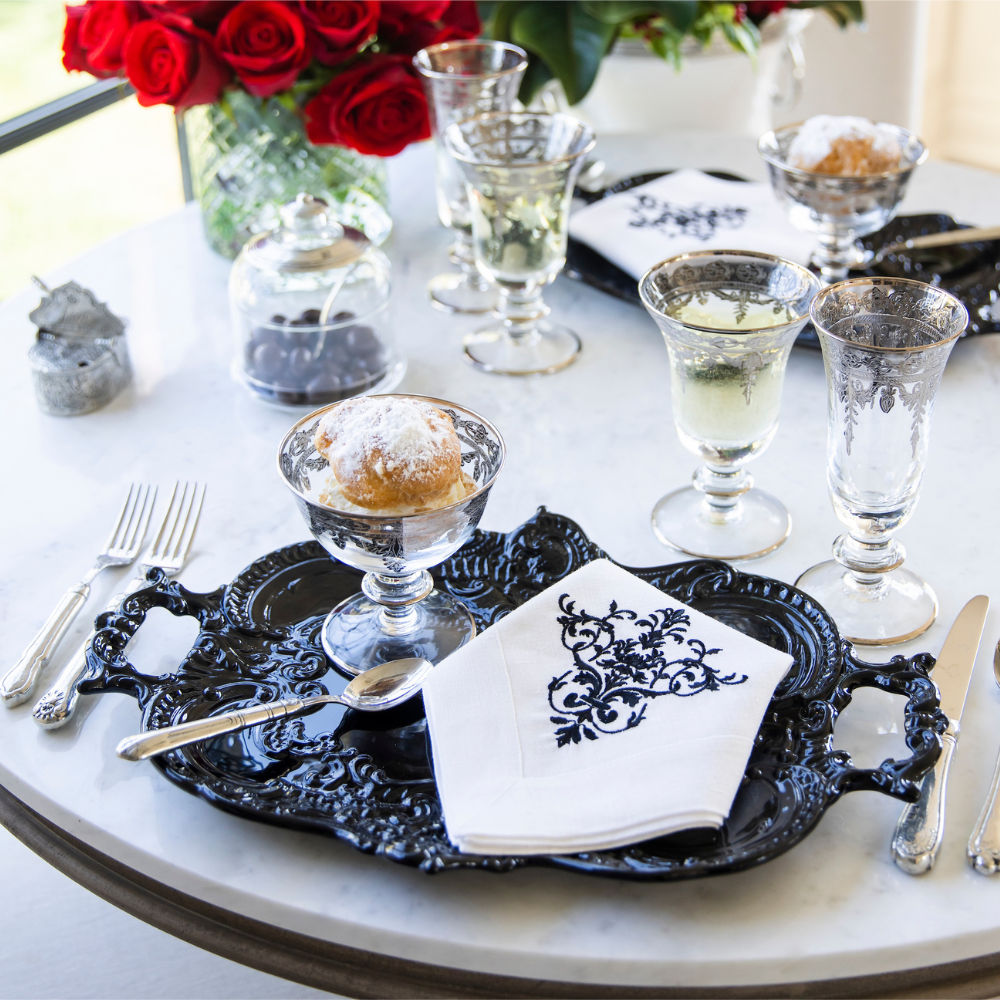 Arte Italica Finezza Black Baroque tray – Italian ceramic serving platter with ornate lace design