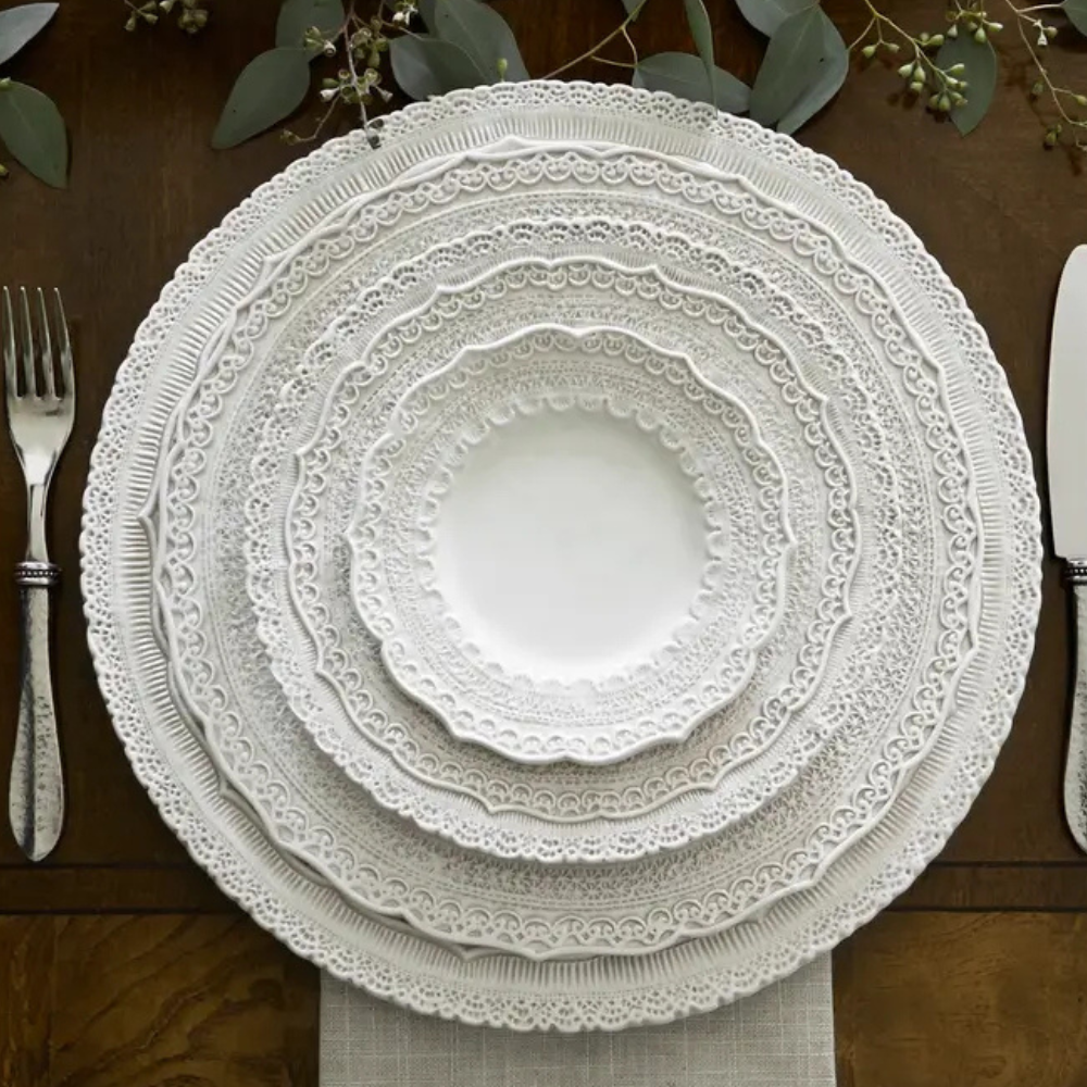 Arte Italica Finezza cream ceramic charger plate collection stack– elegant Italian dinnerware for timeless table settings