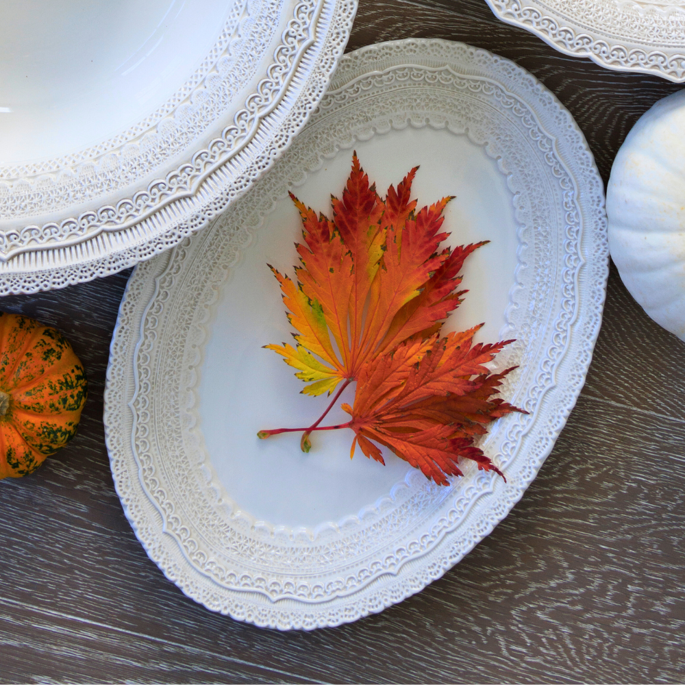 Arte Italica Finezza cream medium oval tray – Italian ceramic serving platter with ornate lace design