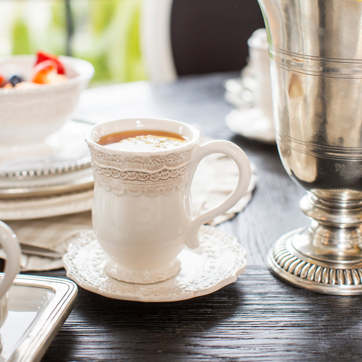 Arte Italica Finezza cream mug – artisan Italian ceramic coffee mug with lace detail