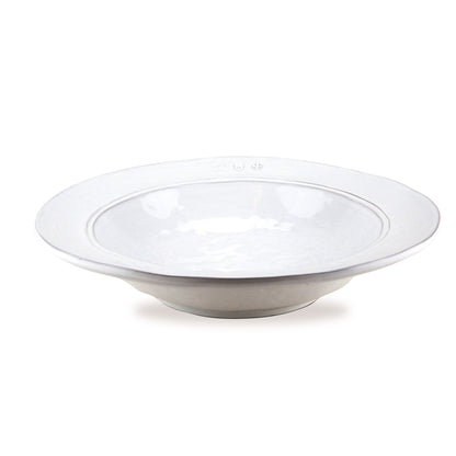 A white stoneware pasta soup bowl with a simple design, featuring a shield shape with a number inside.