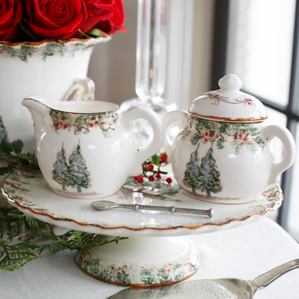 Arte Italica Natale creamer hand painted snowy evergreens Italian ceramic holiday tableware