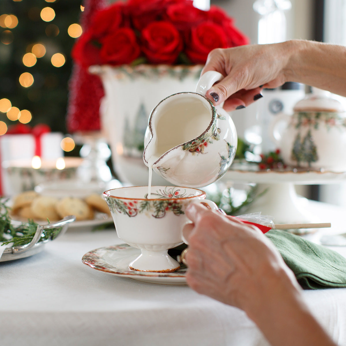 Arte Italica Natale creamer hand painted snowy evergreens Italian ceramic holiday tableware
