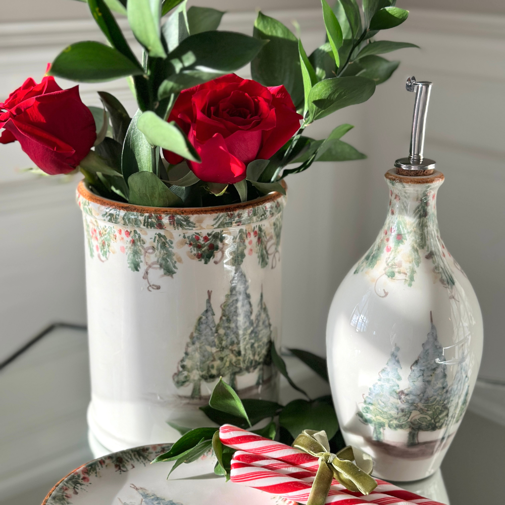 Arte Italica Natale oil bottle hand painted snowy evergreens Italian ceramic holiday