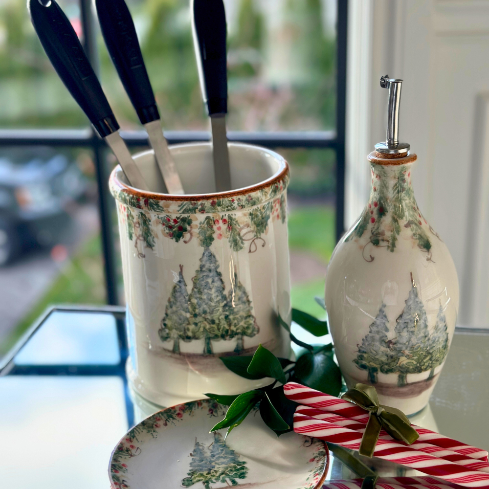 Arte Italica Natale oil bottle hand painted snowy evergreens Italian ceramic holiday