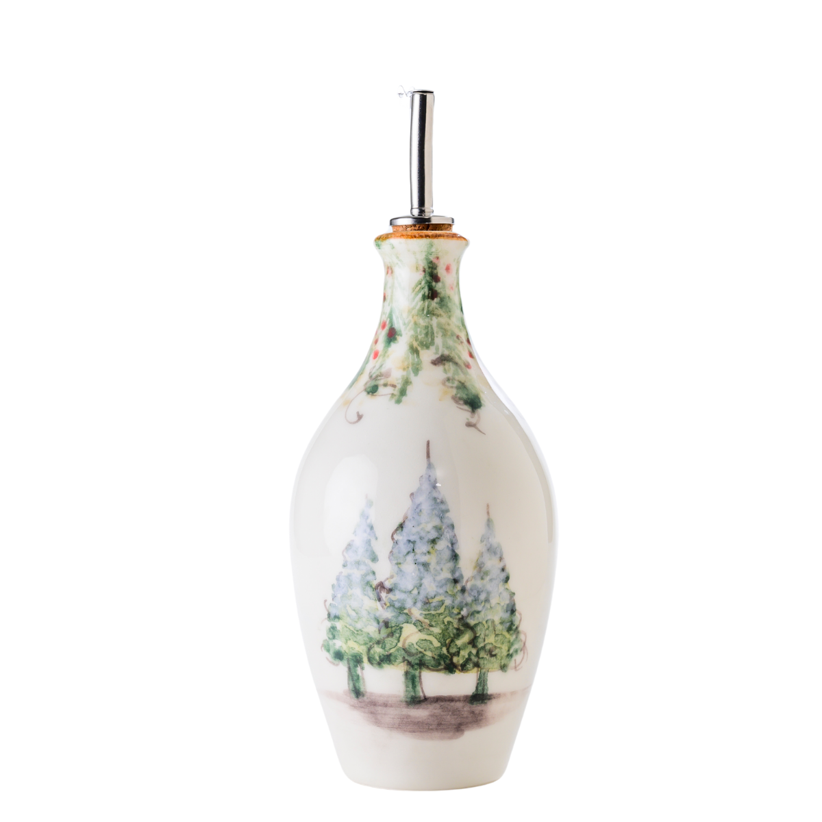 Arte Italica Natale oil bottle hand painted snowy evergreens Italian ceramic holiday