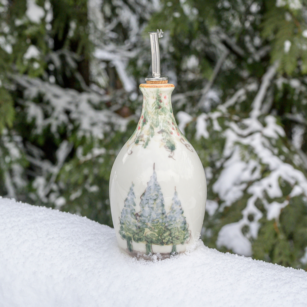 Arte Italica Natale oil bottle hand painted snowy evergreens Italian ceramic holiday