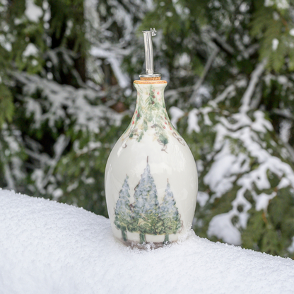 Arte Italica Natale oil bottle hand painted snowy evergreens Italian ceramic holiday