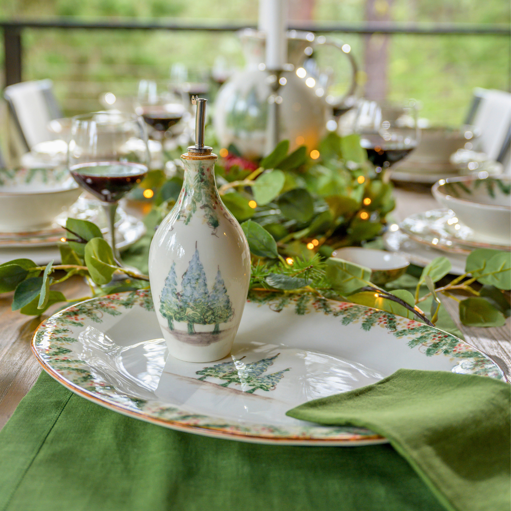 Arte Italica Natale oil bottle hand painted snowy evergreens Italian ceramic holiday