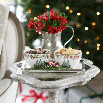 Arte Italica Natale small square bowl hand painted winterberries snowy trees Italian ceramic table service