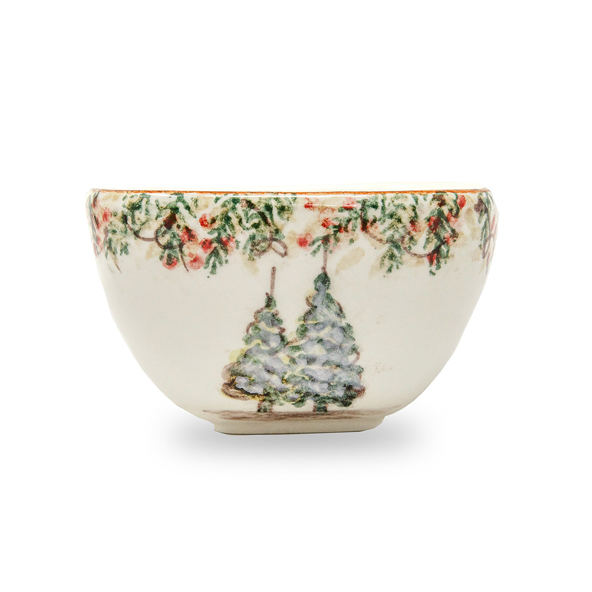 Arte Italica Natale small square bowl hand painted winterberries snowy trees Italian ceramic table service