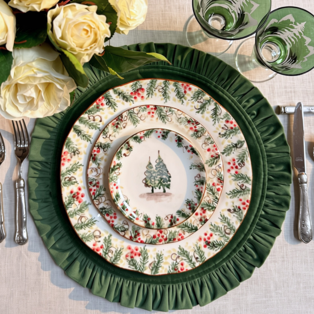 A stack of Natale ceramic plates on a Round Ruffle Velvet Placemat in Basil Green on a white linen table clorth with white roses
