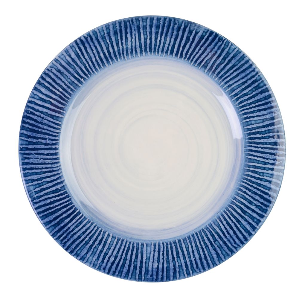 Blue Stripe rimmed white plate on a white background