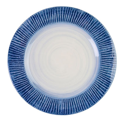 Blue Stripe rimmed white plate on a white background