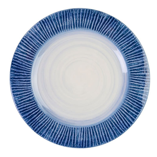 Blue Stripe rimmed white plate on a white background