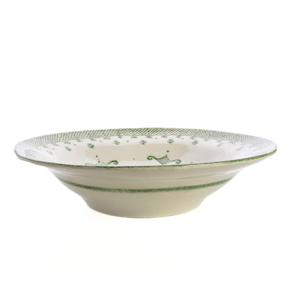 Burano Green Pasta Serving Bowl Side View with green decorative pattern on a white background