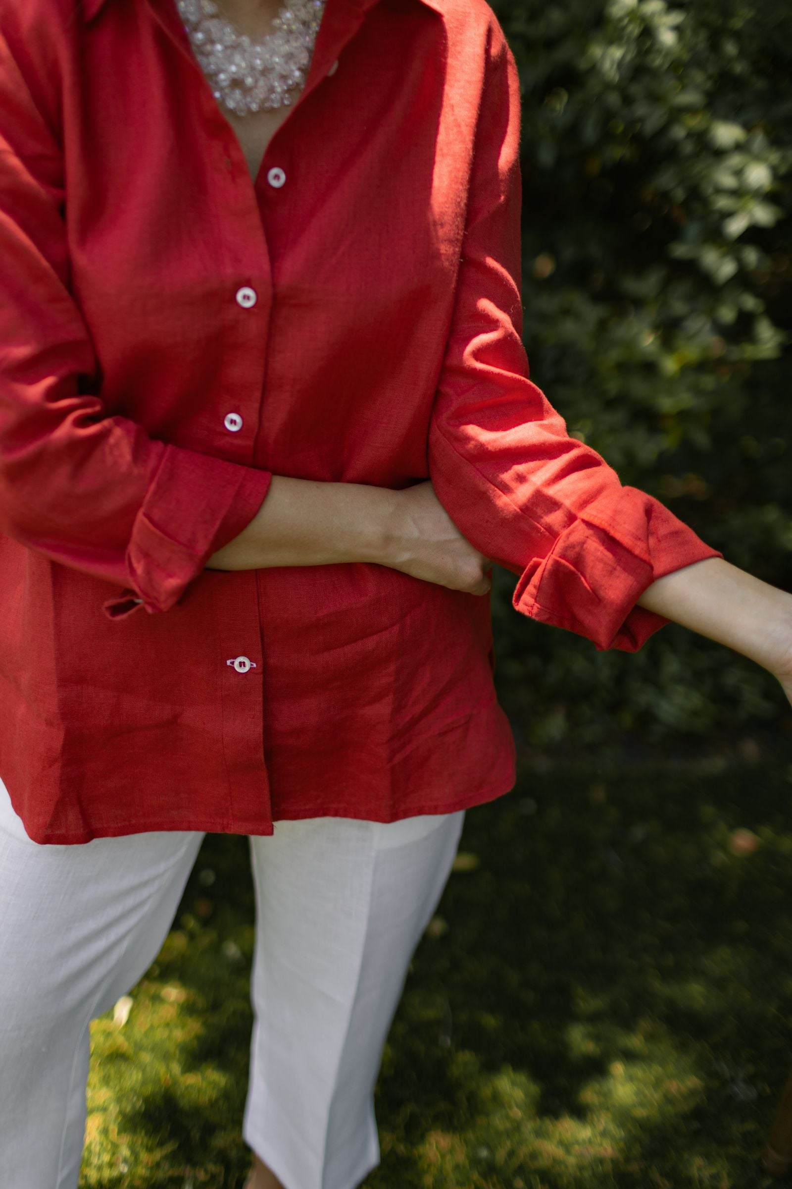 Crown Linen Designs Cameron Red Linen Shirt Close up of the sleeve rolled up