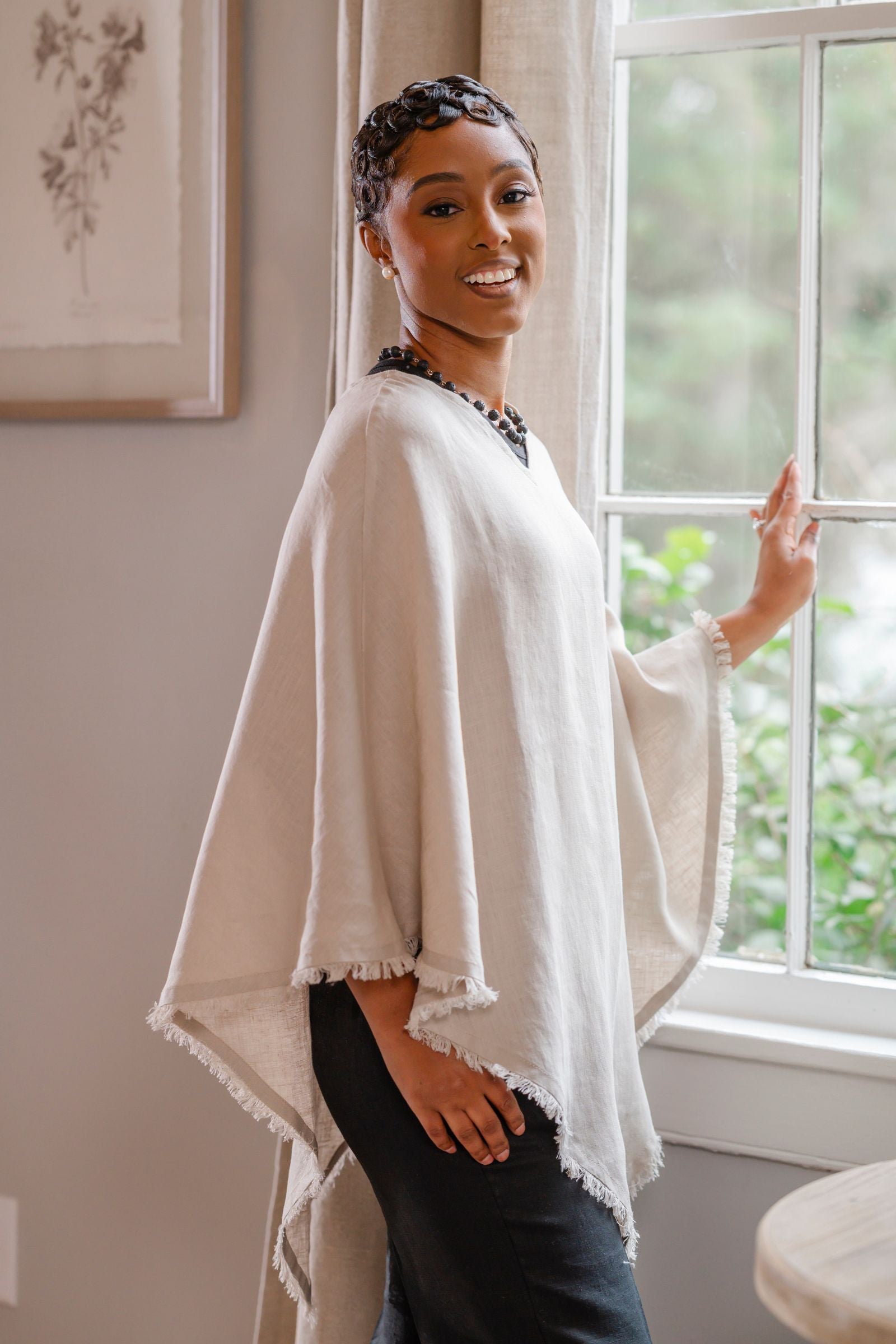 Rory Linen Fringe Poncho | Lightweight V-Neck | Crown Linen