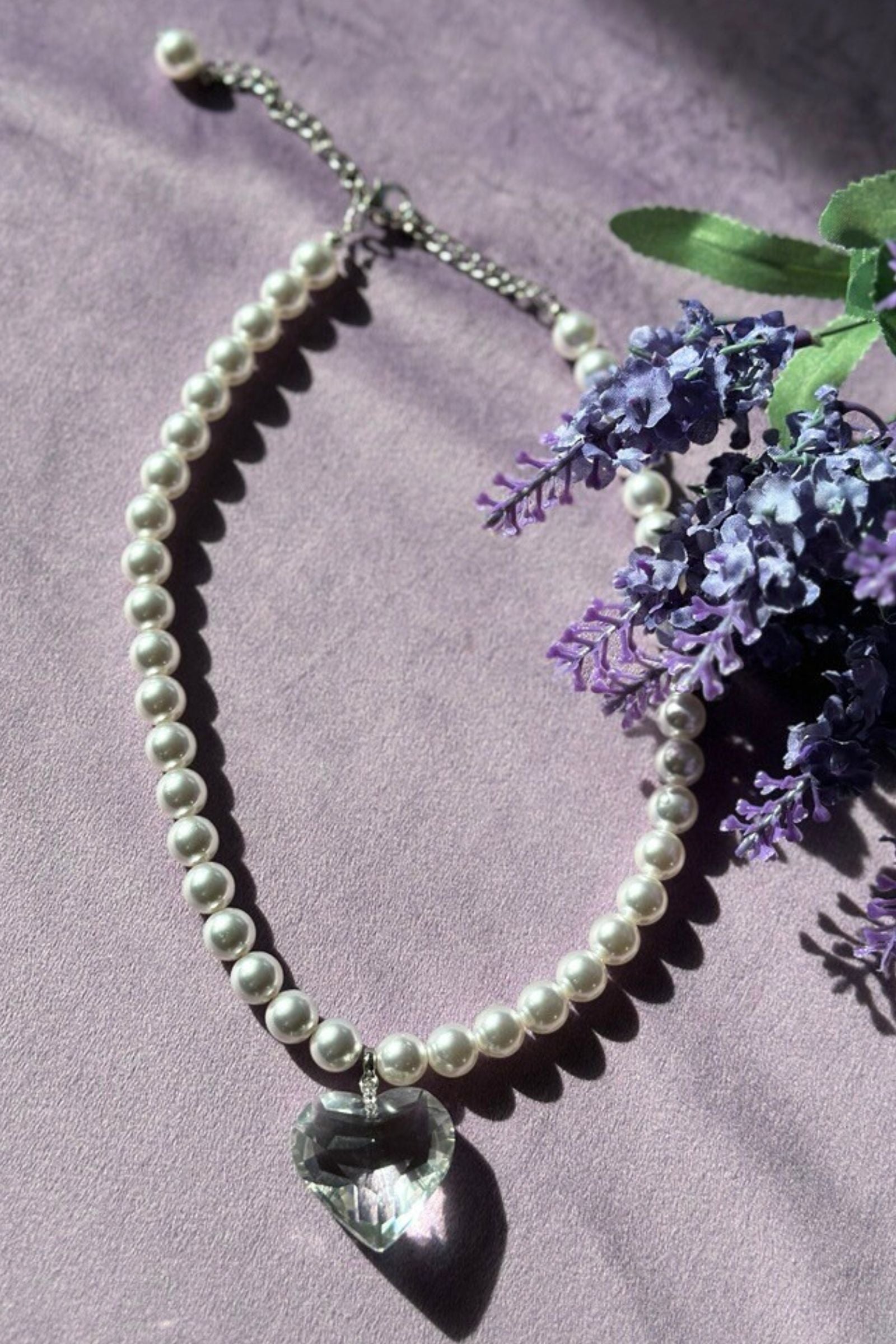 Pearl & Glass Heart Necklace | Imitation Pearl Pendant Jewelry
