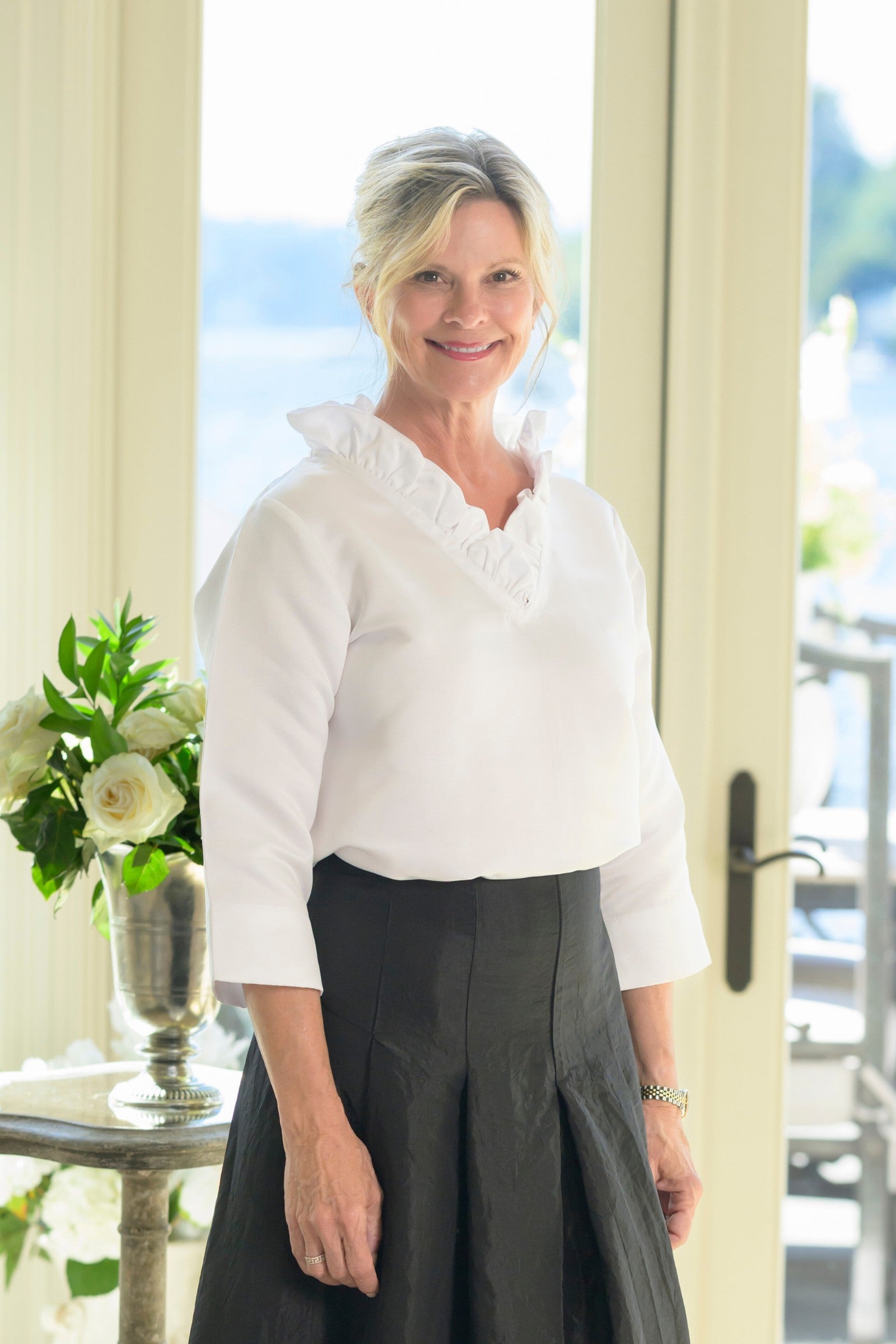 Darcy Snow White Taffeta Top - Ruffle V-Neck Blouse | Crown Linen