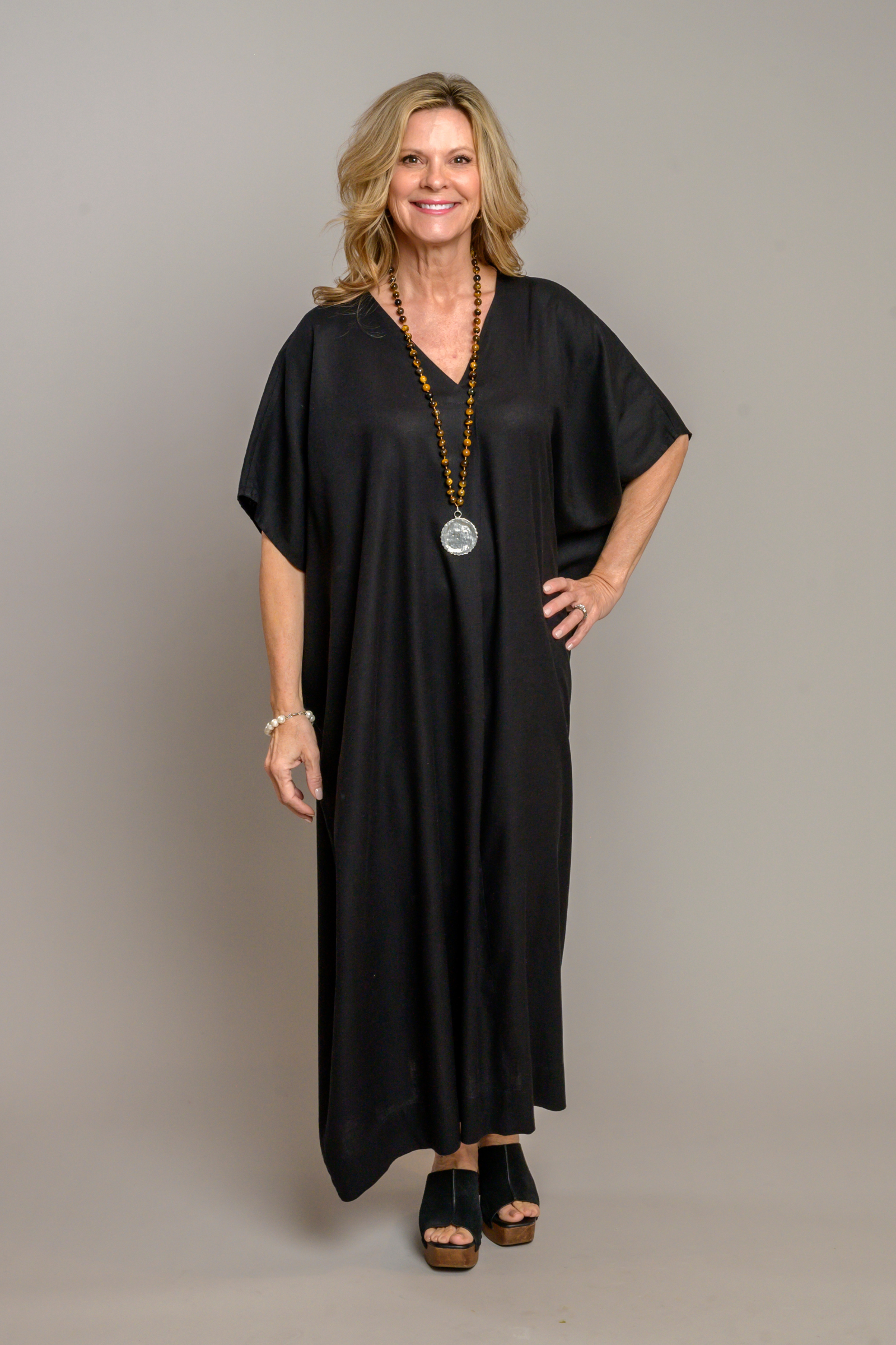 Tessa Linen Kaftan | Pleated Cover-Up Dress in Black & Limoncello