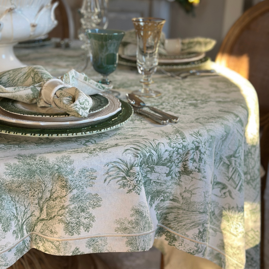 Montefalco Toile Tablecloth, Green & Cream - New