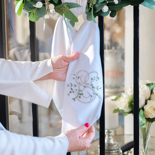 Floral Monogram White Linen Bow / Sash - New