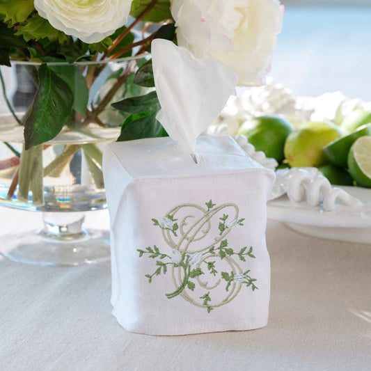Floral Monogram White Linen Tissue Box Cover - New