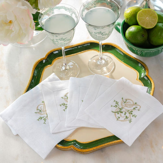Floral Monogram White Linen Cocktail Napkin Set - New