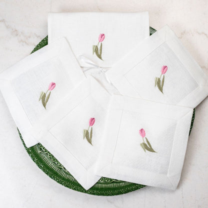 Pink Tulip Linen Cocktail Napkin Set - New