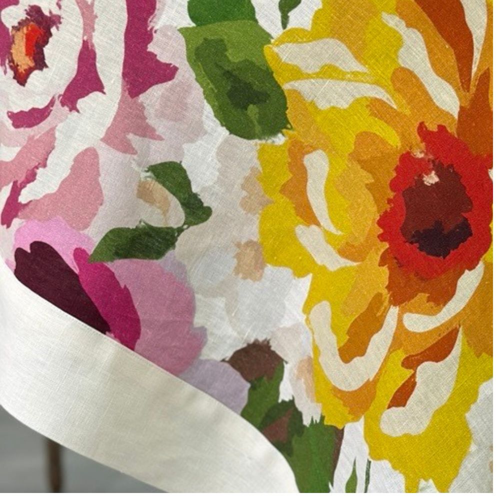 Crown Linen Portofino Summer Garden Table Runner — close-up detail of colorful floral 
