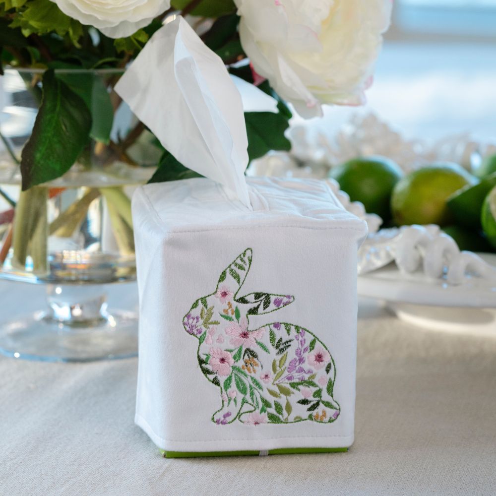 White Rabbit Tissue White Velvet Tissue Box Cover - Garden Bunny Embroidery | Arte Italica