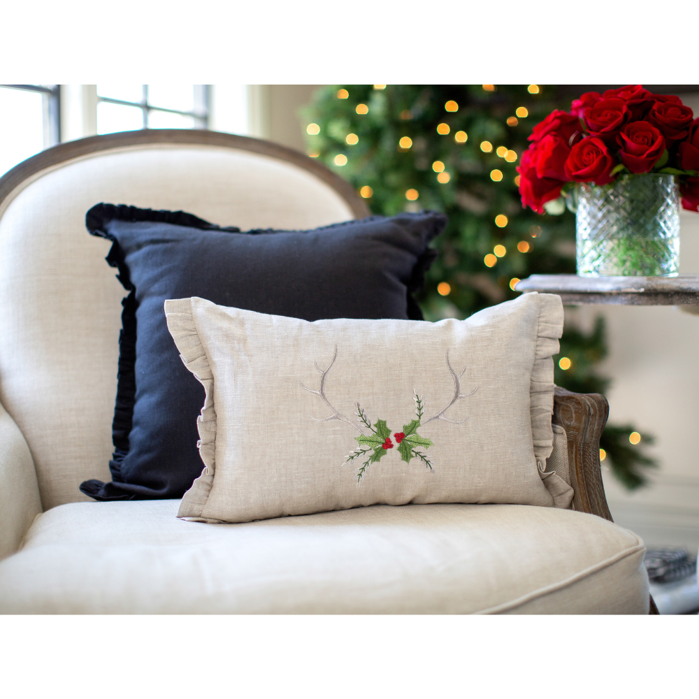 Antlers with Holly Décor Pillow