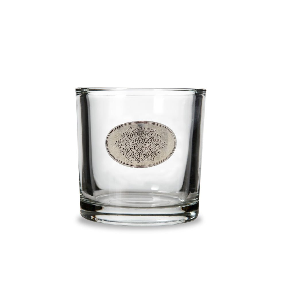 Arte Italica Damasco Small glass vessel with etched pewter damask seal, silo view