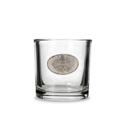 Arte Italica Damasco Small glass vessel with etched pewter damask seal, silo view