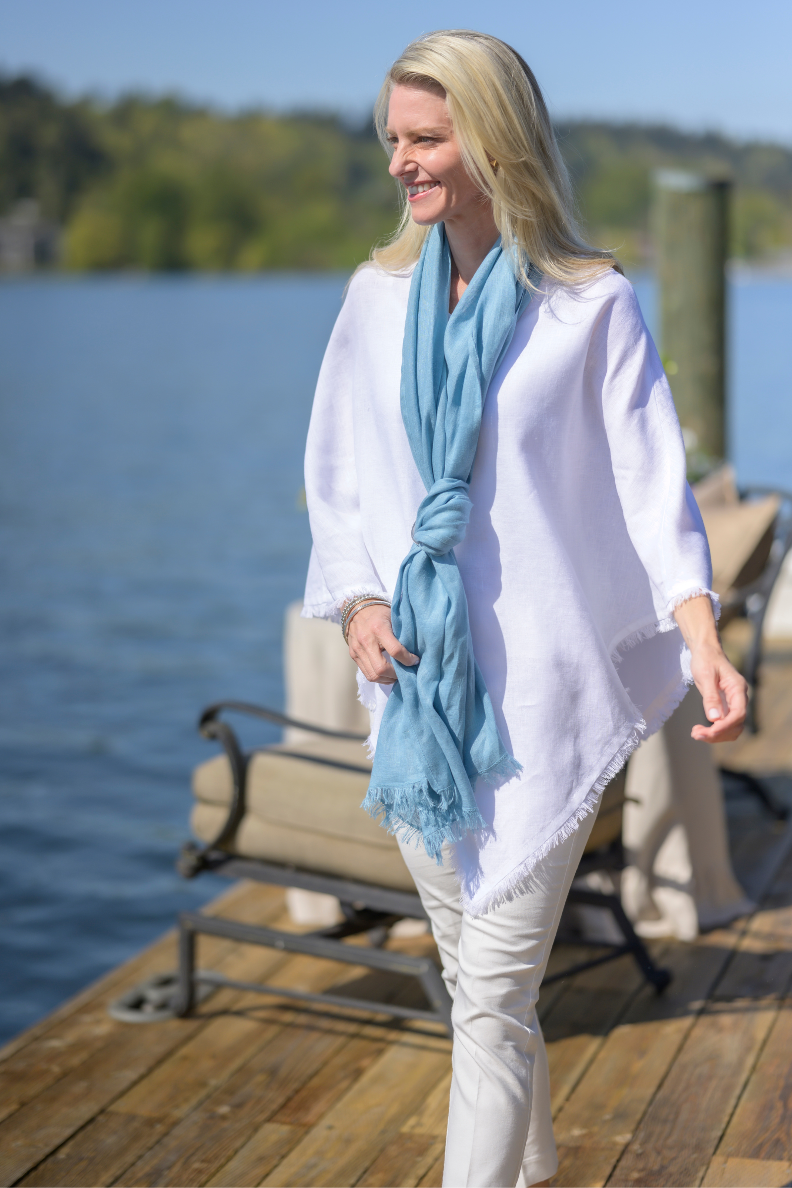 Farrah Fringe Linen Scarf in Adriatic Blue | Crown Linen Designs