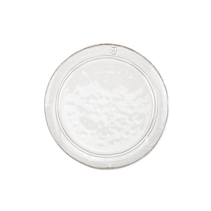 A round, white stoneware salad/dessert plate with Italian Stamp embedded in the center shield-shaped design.