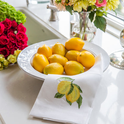 White Firenze serving bowl with Lemons and Lemon Sprig Linen Towel
