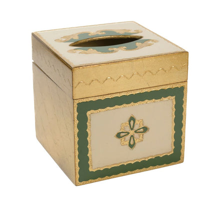 Florentino Baroque Wooden Tissue Box Cover in Green, gold and cream on a white background