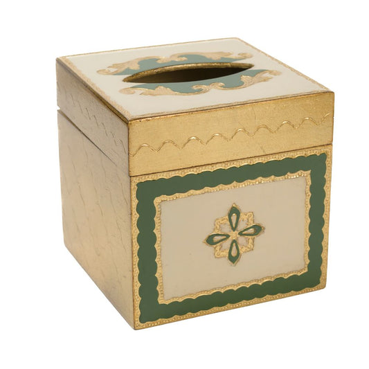 Florentino Baroque Wooden Tissue Box Cover in Green, gold and cream on a white background